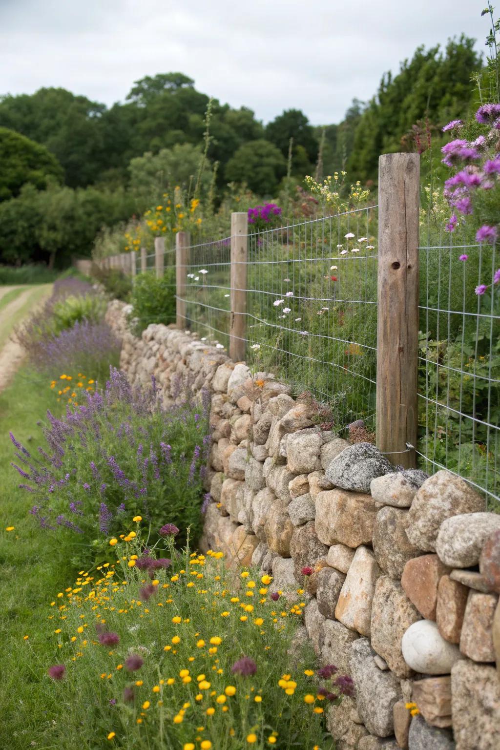 Gabion walls combine rugged charm with minimal maintenance.