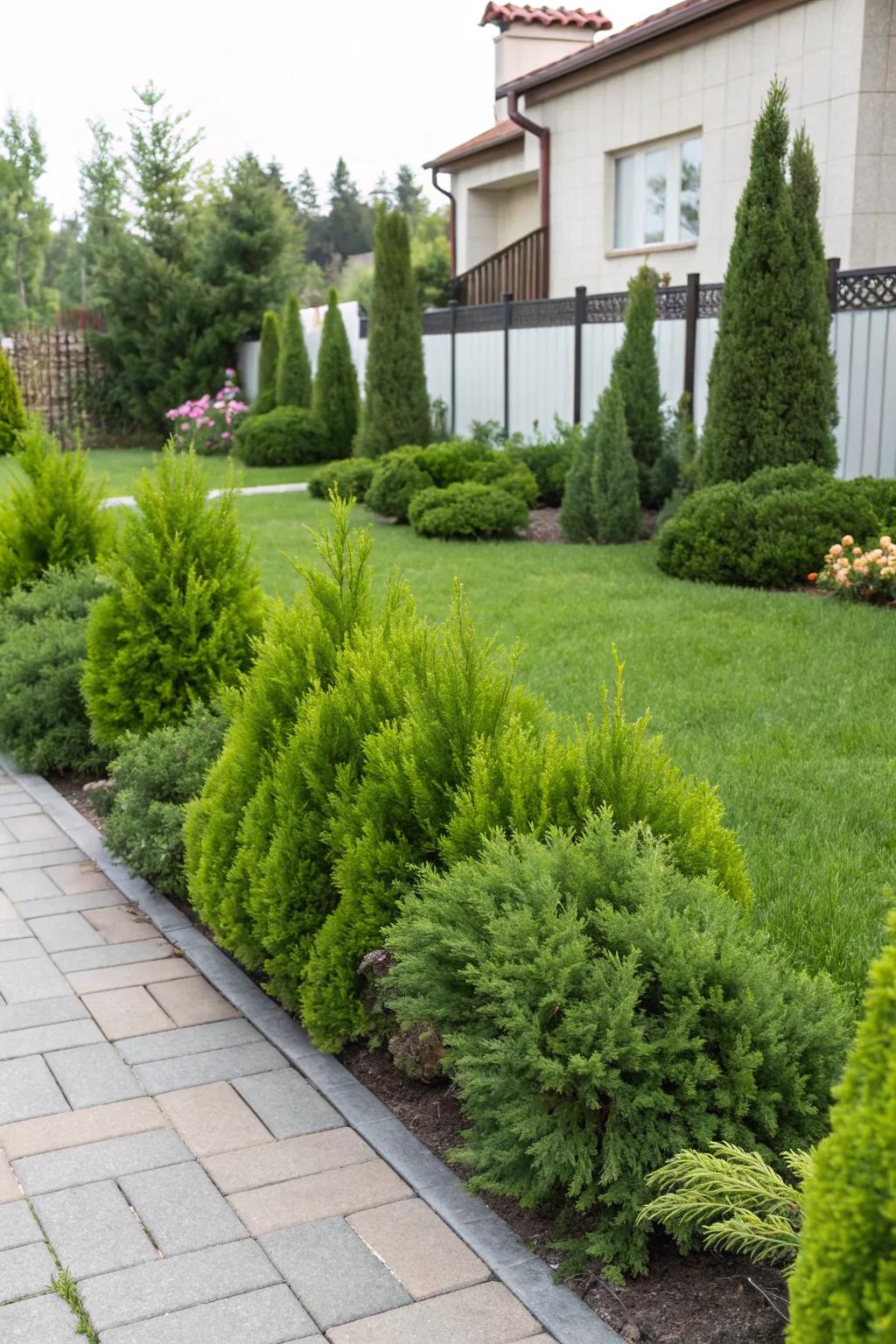 Lush green junipers providing reliable coverage in the front yard.