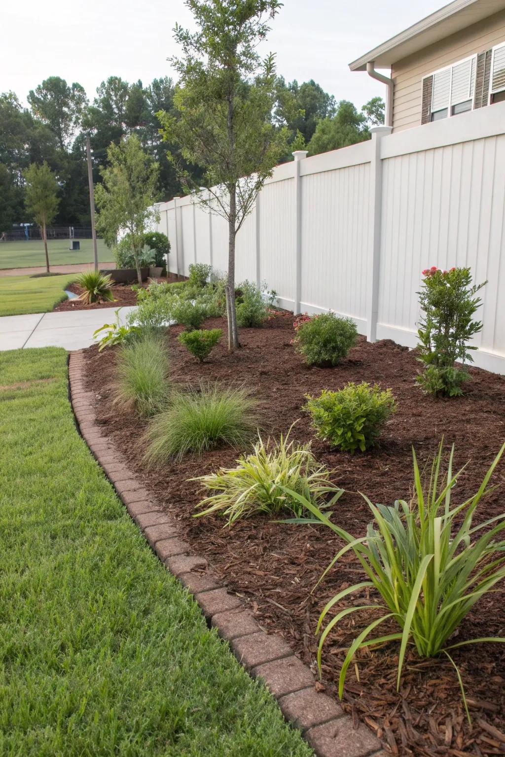 Mulched beds in a front yard, demonstrating effective moisture retention.