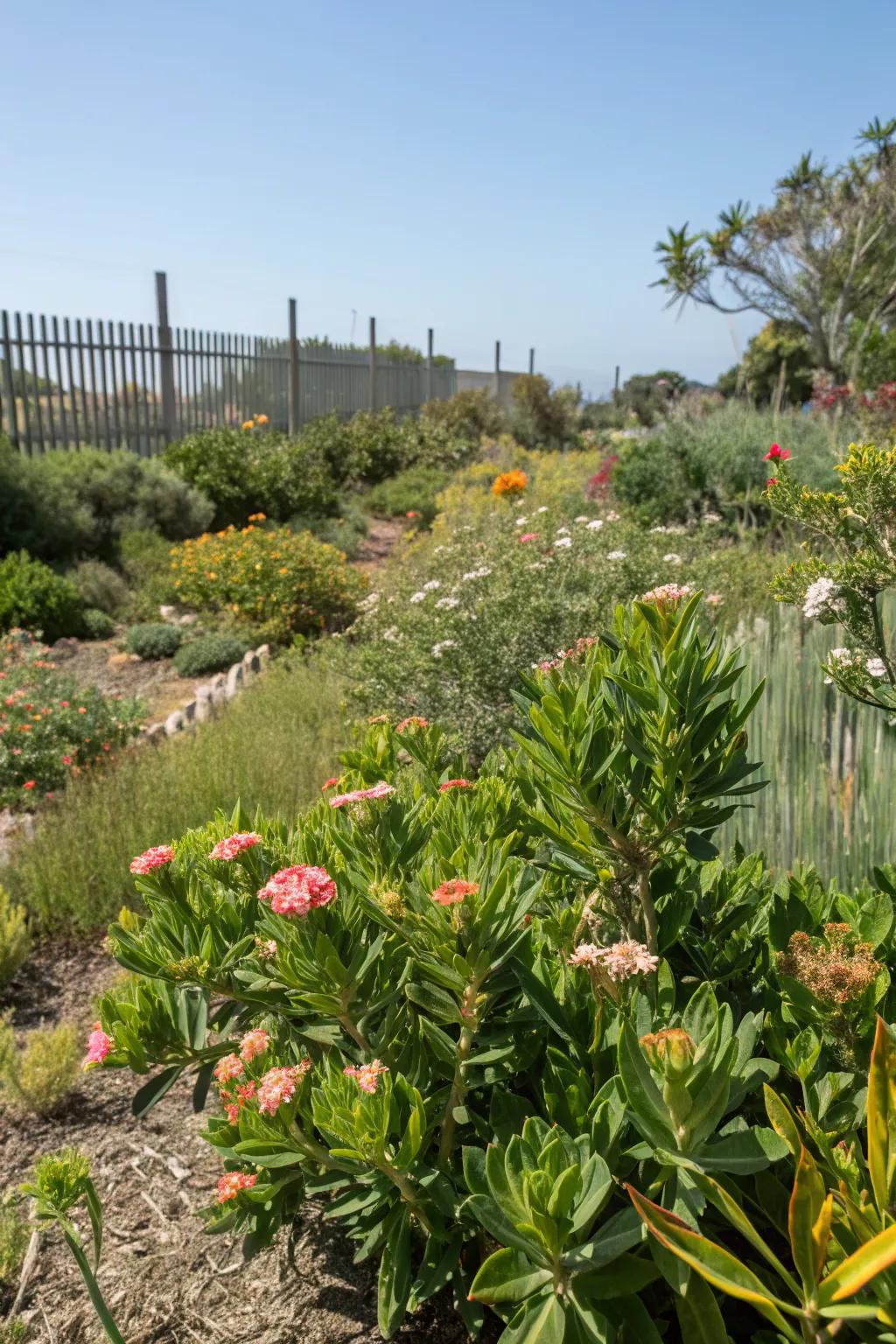 A garden with hardy, low-maintenance plants.