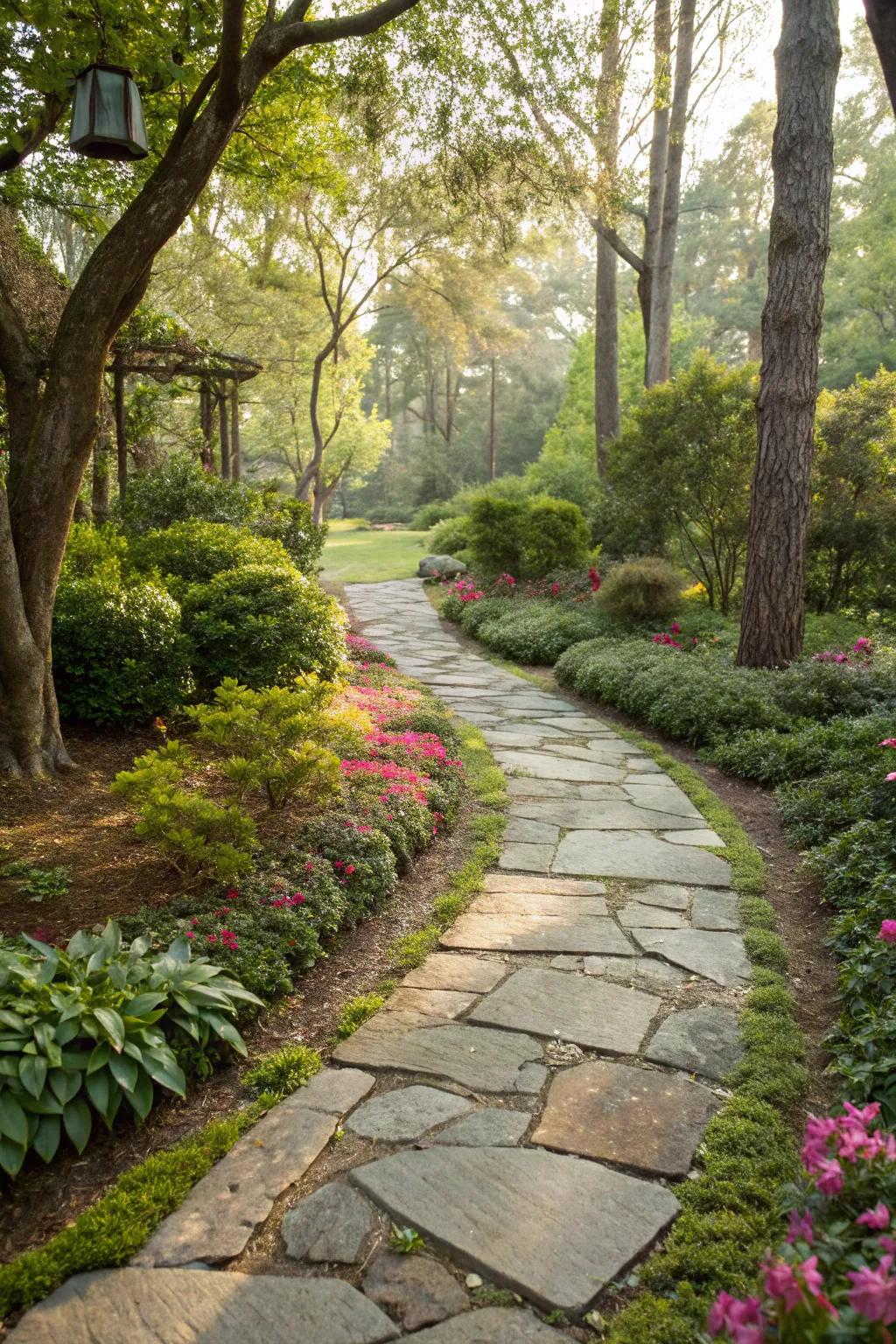 Stone pathways enhance garden structure and ease of maintenance.