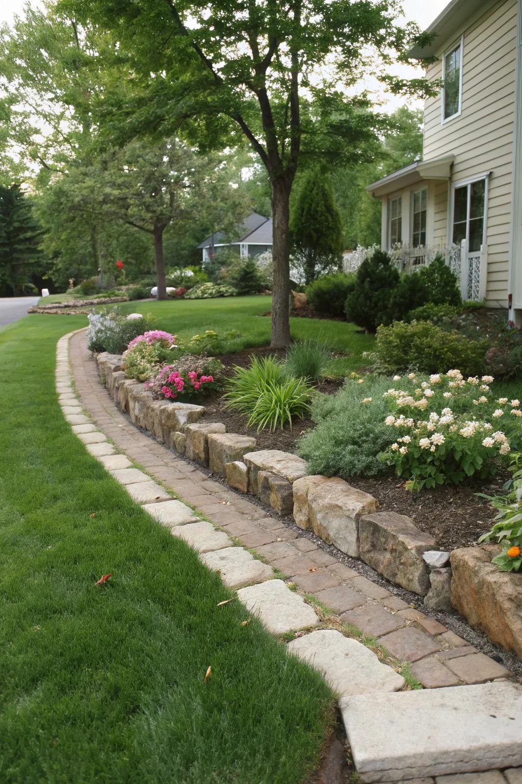 Stone edging provides clear separation between plant beds and lawn, simplifying maintenance.