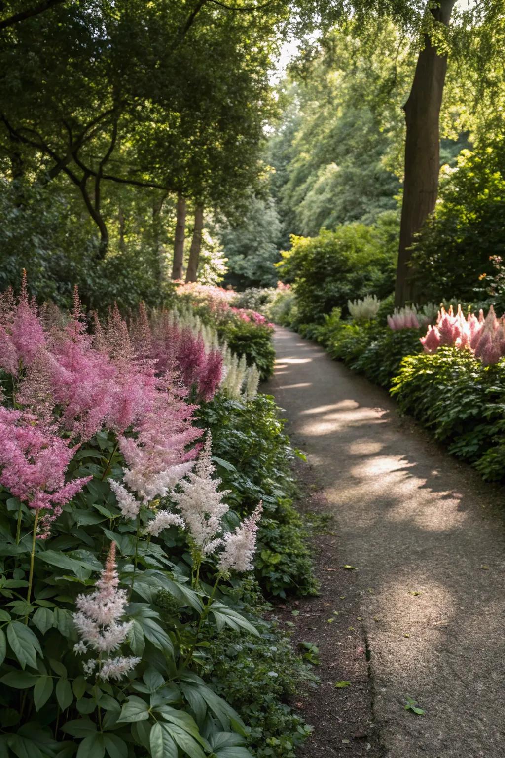 Feathery blooms of Astilbe brighten shaded paths.
