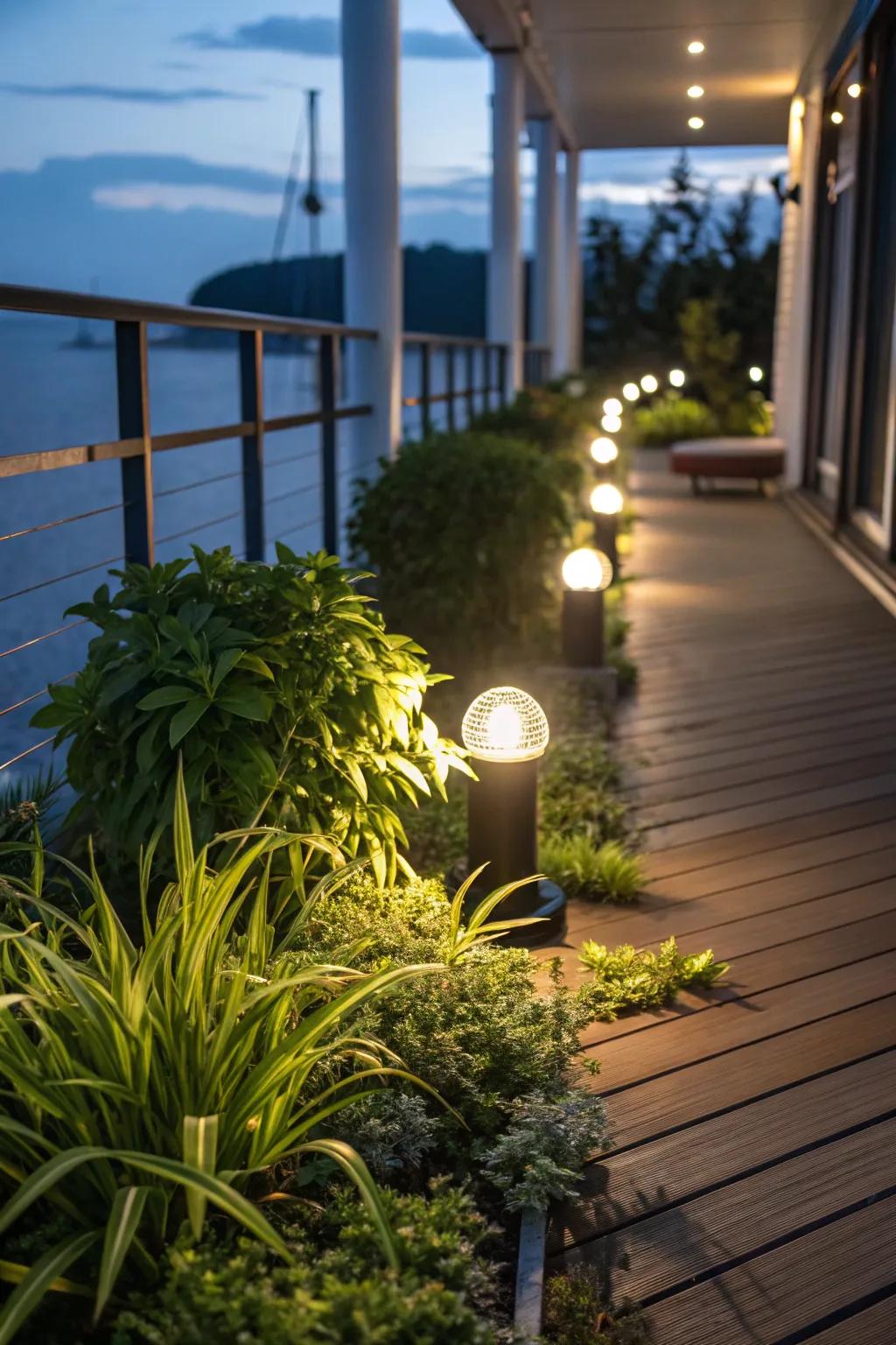 Spotlights highlight greenery and features beautifully.