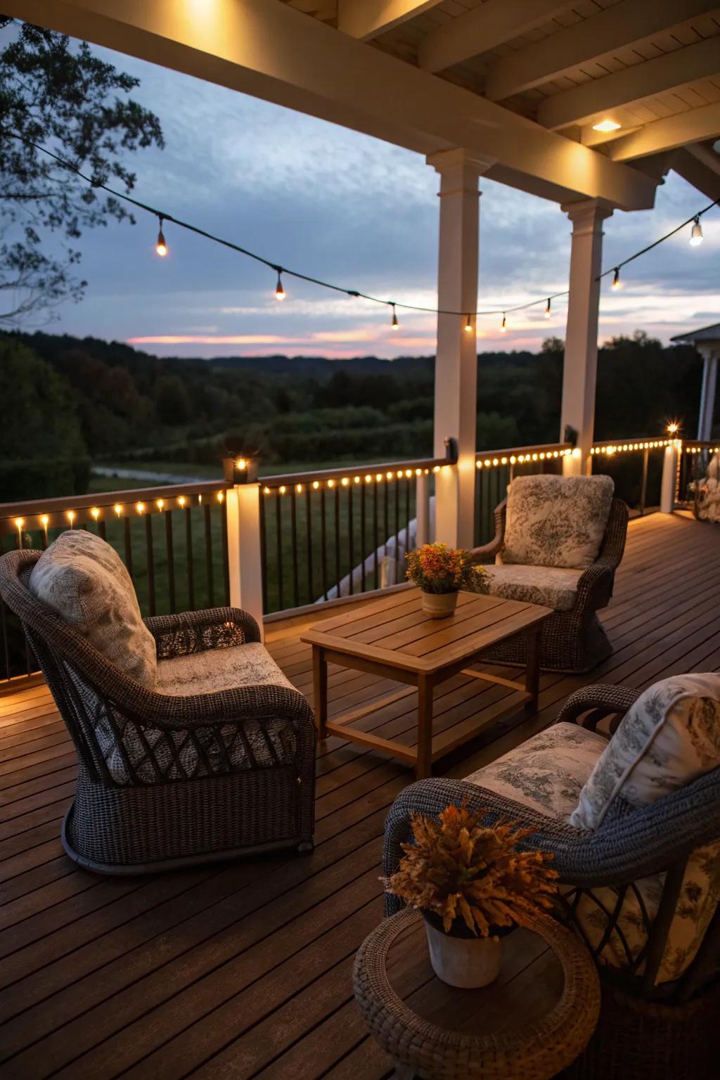 Ambient lighting on decks creates an inviting atmosphere.