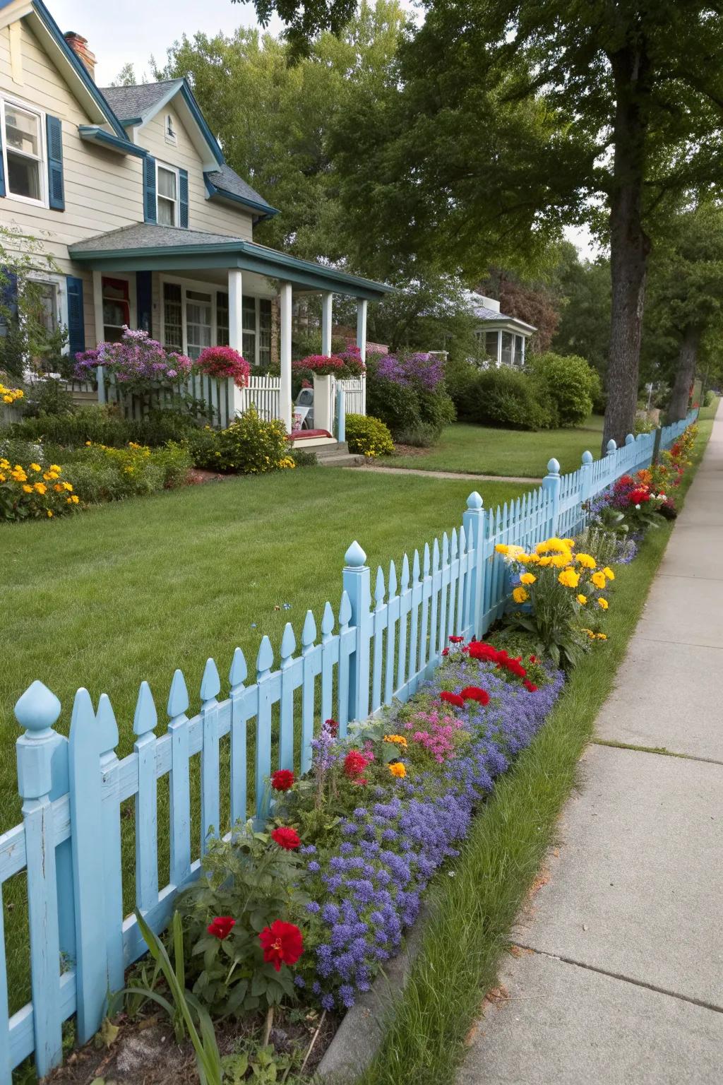 An eye-catching picket fence painted in lively hues, adding a splash of color to the yard.