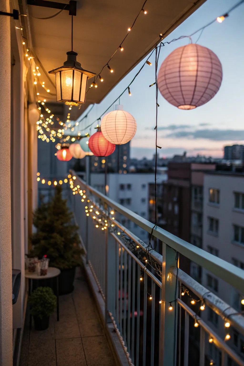 Ambient lighting transforms your balcony into a cozy evening retreat.