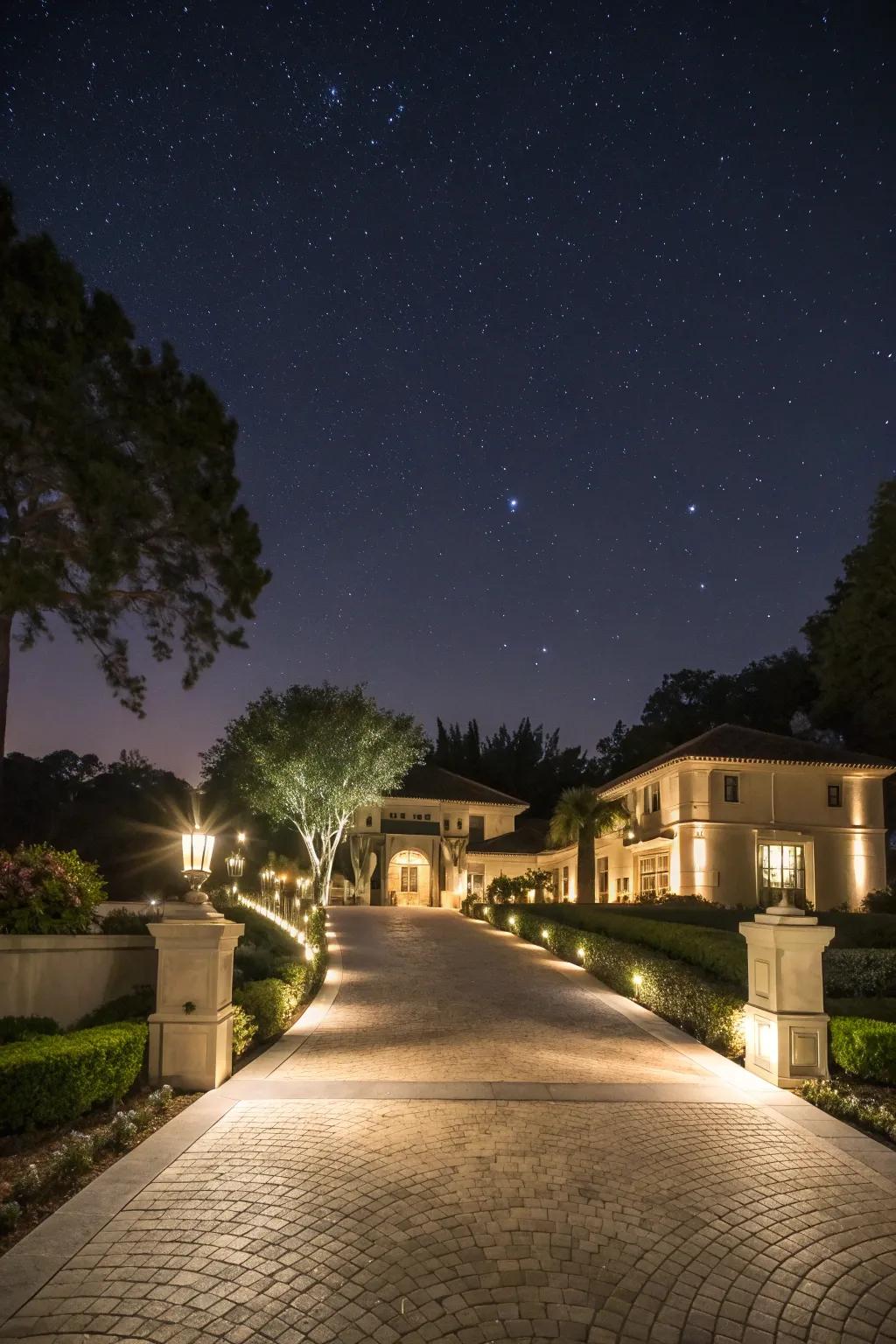 Ambient lighting adds a magical touch to nighttime driveways.