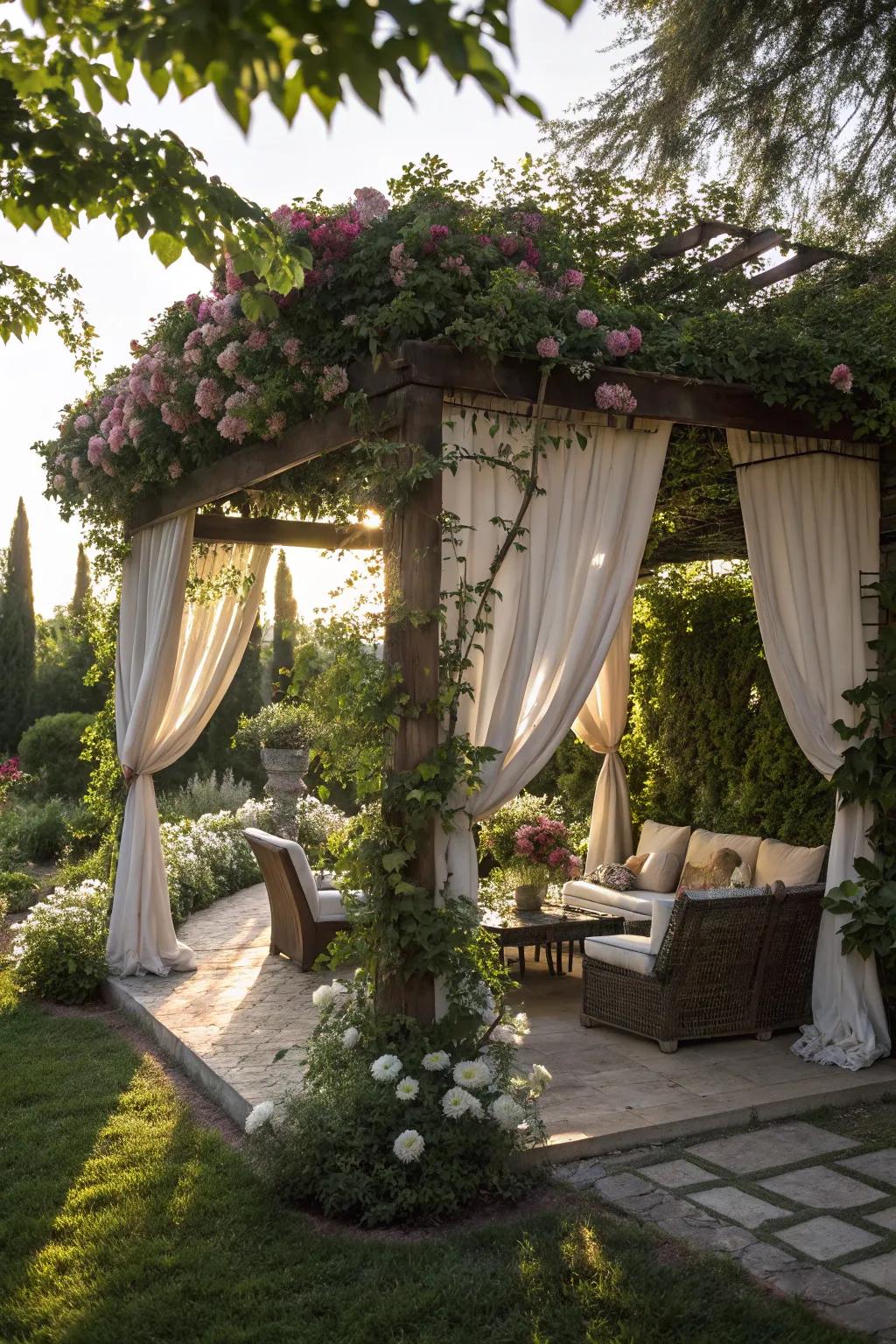 A stylish garden pergola with drapes and comfortable seating.