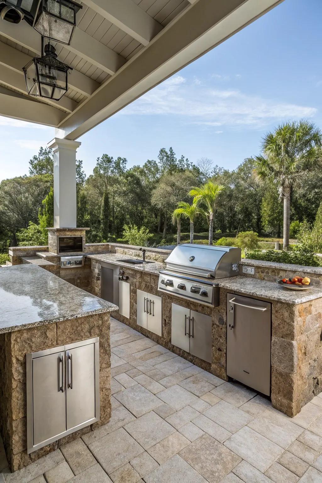 Durable materials like granite and stainless steel ensure a lasting outdoor kitchen.