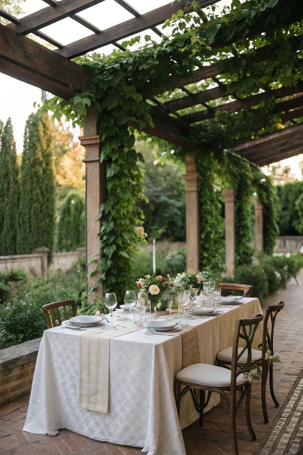 An elegant dining setup under a pergola is perfect for alfresco dinners.