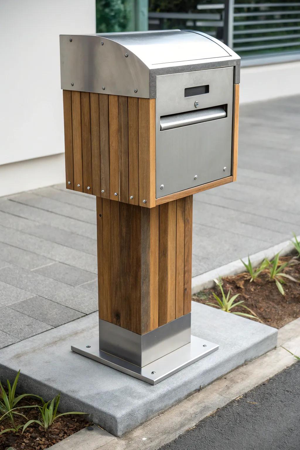 Metal and wood create a chic, modern rustic mailbox base.
