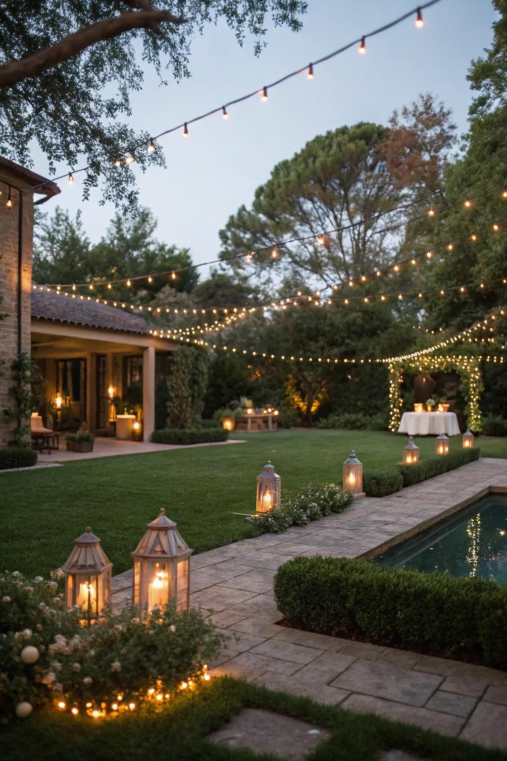 Creative lighting transforms your backyard into a magical evening retreat.