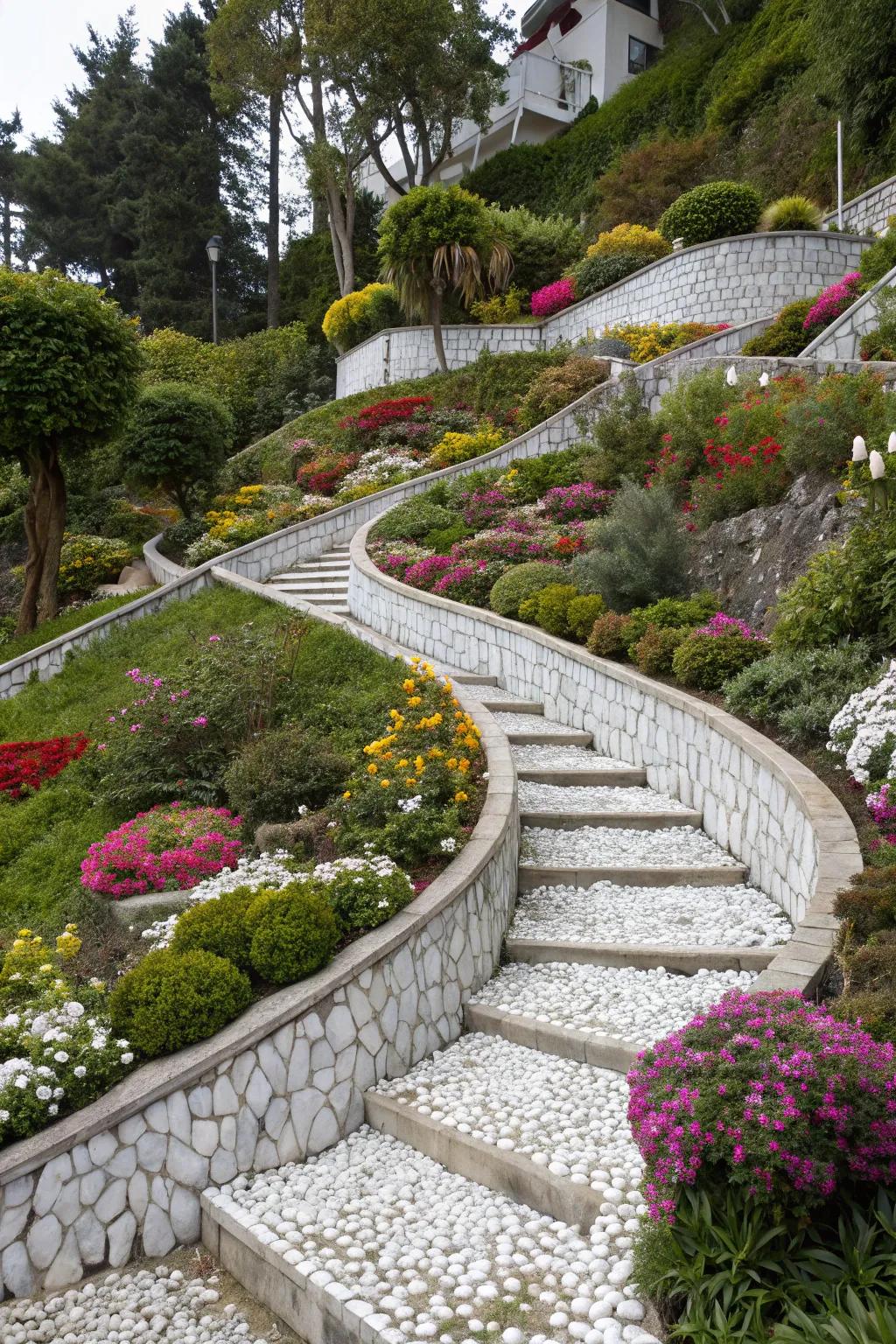 Transform flat landscapes with tiered marble chip designs.