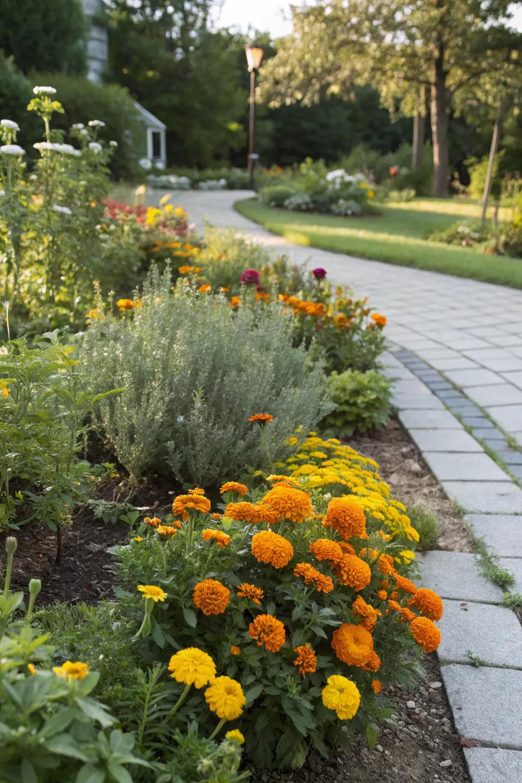 Marigolds mingling with herbs in a practical garden bed.