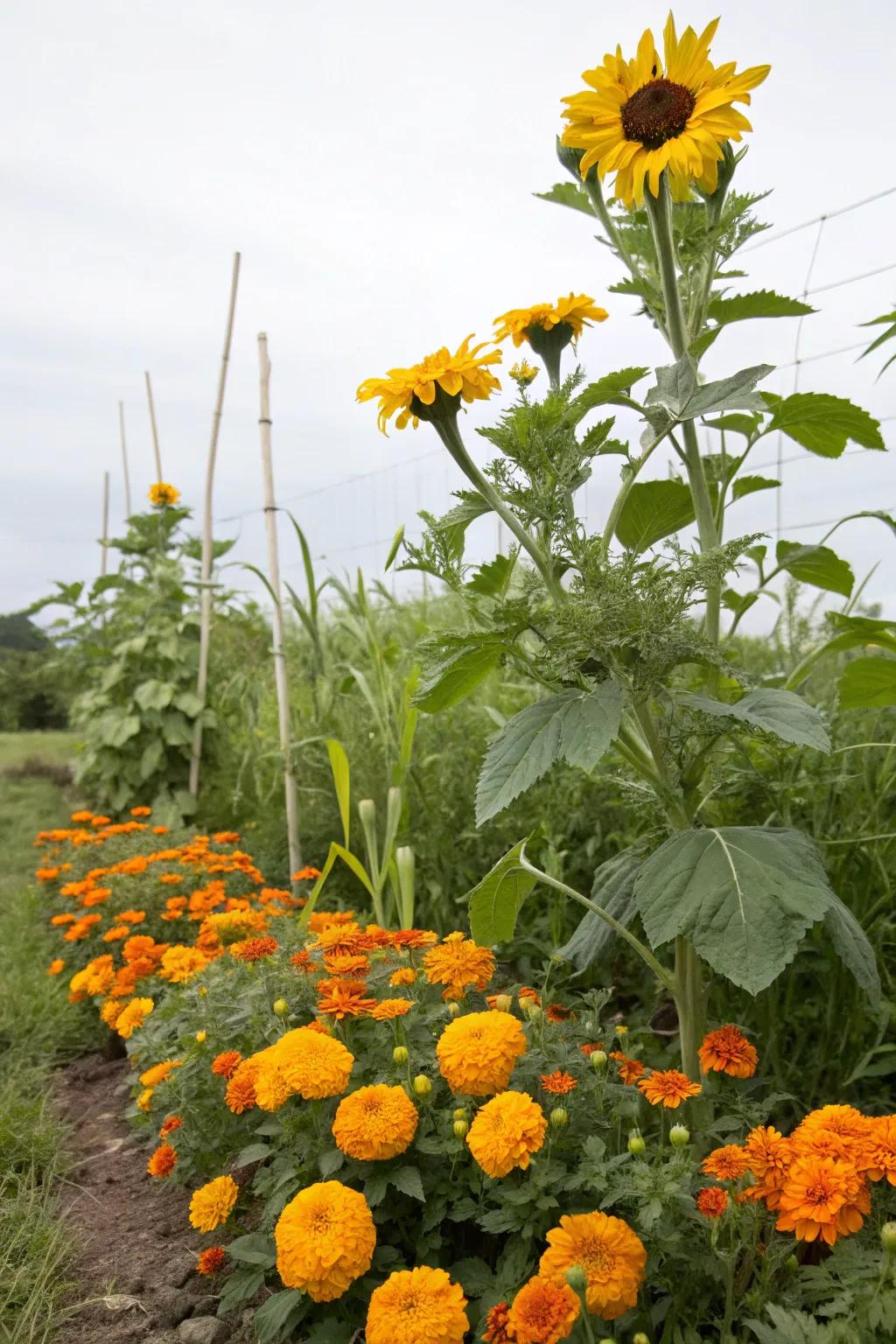 A layered garden border with marigolds and sunflowers.