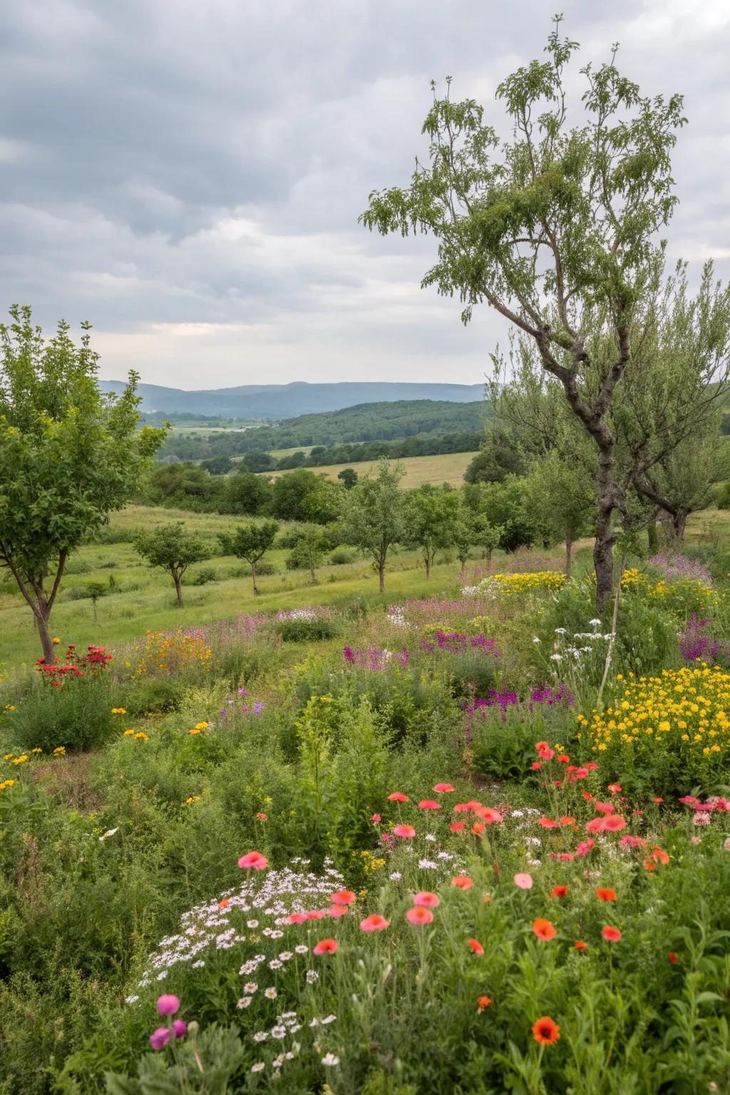 Trees and shrubs adding height and structure to the meadow.