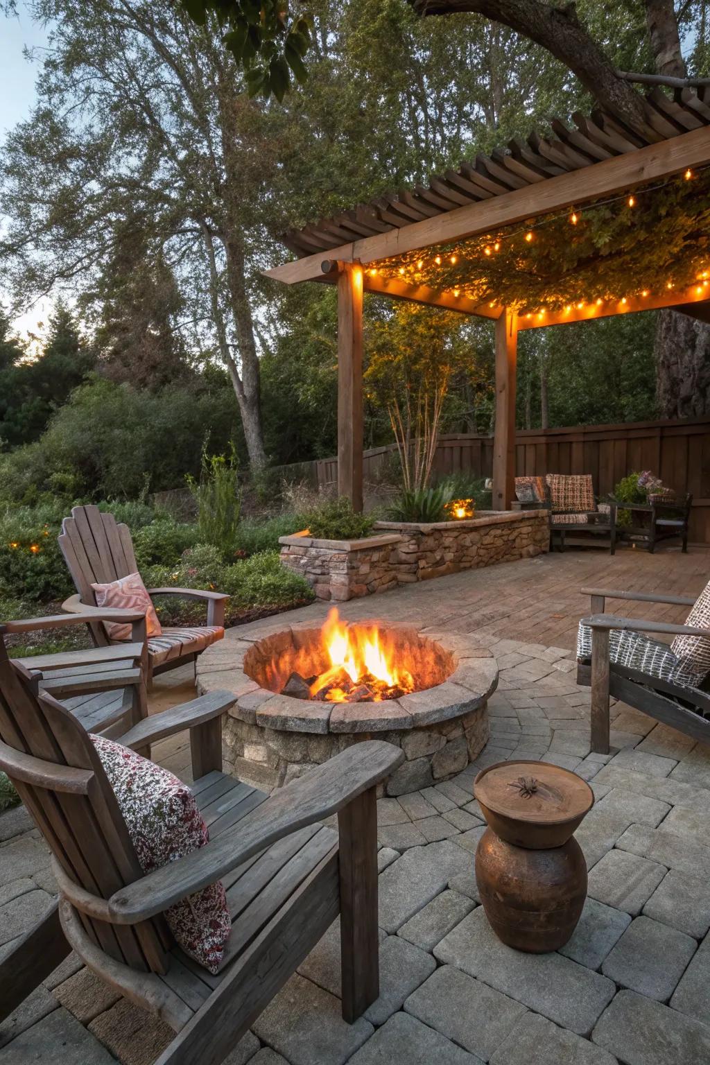 A cozy meditation patio with a central fire pit.