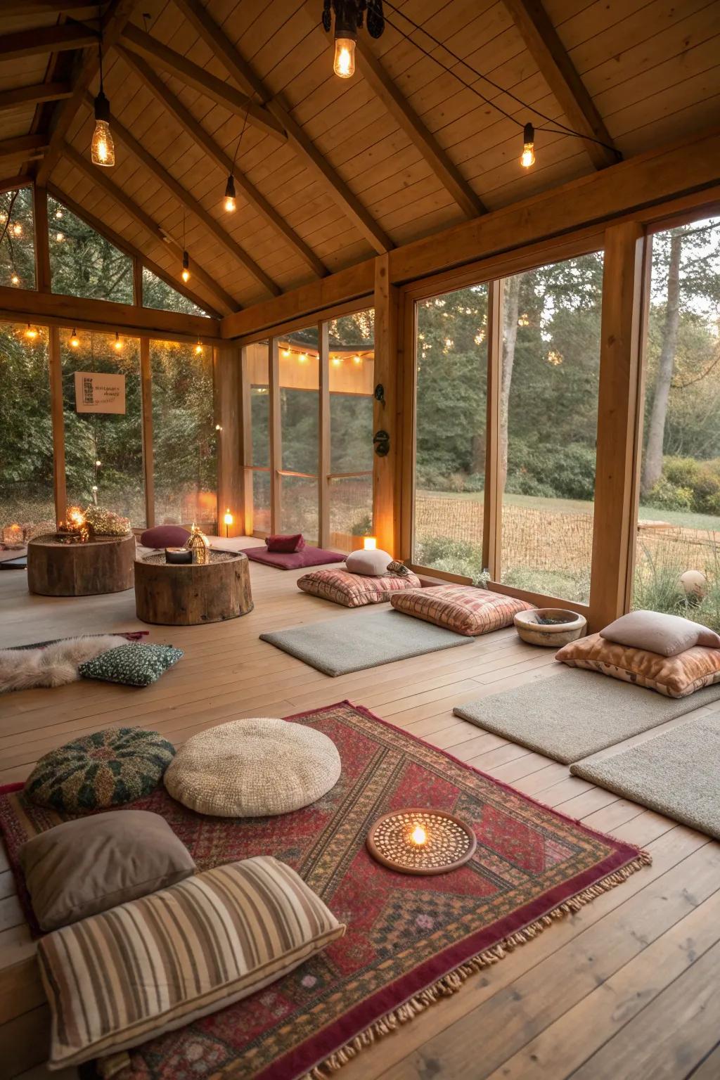 A cozy meditation shed with cushions and soft rugs for comfort.