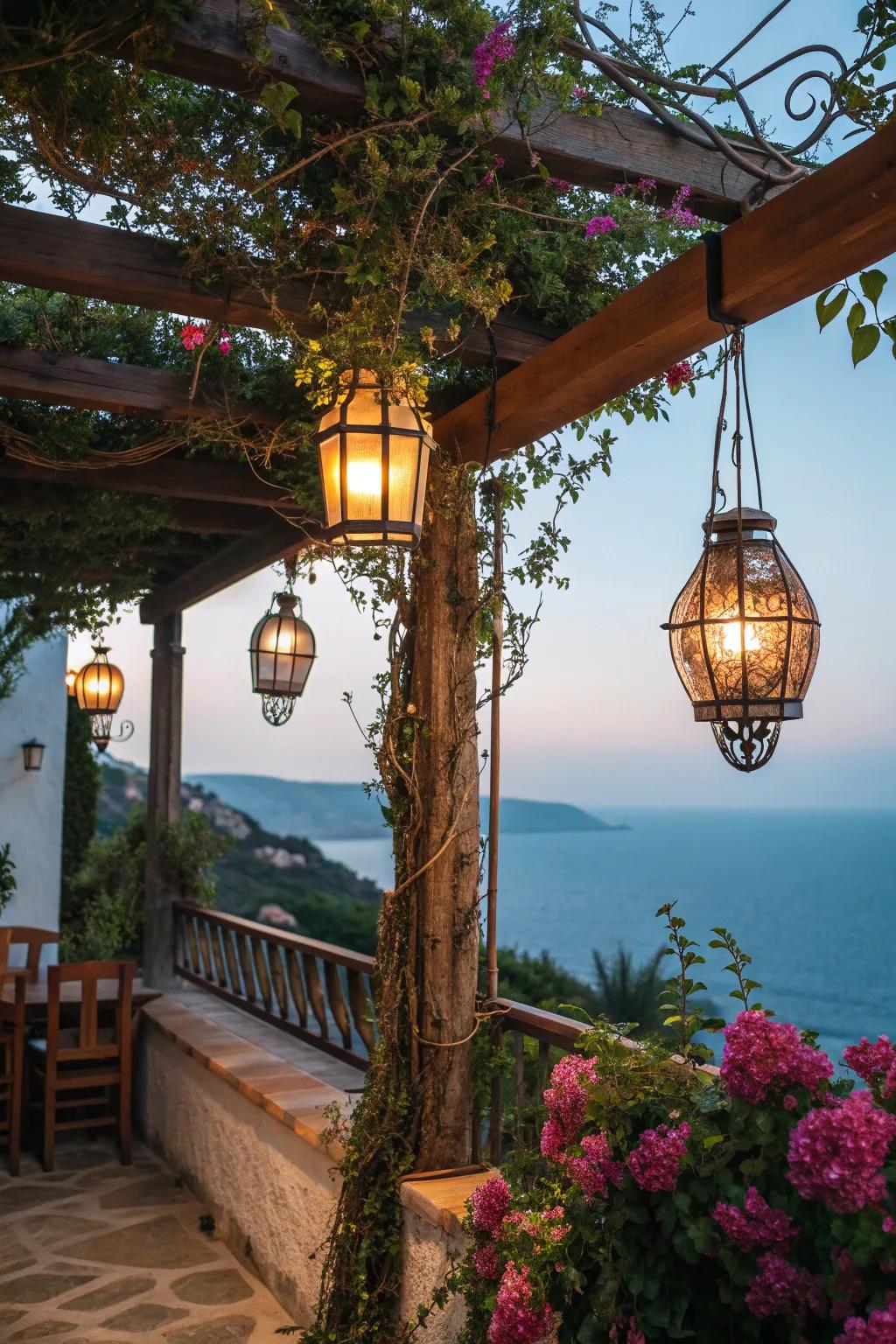 Hanging lanterns provide a soft, romantic glow, perfect for Mediterranean nights.