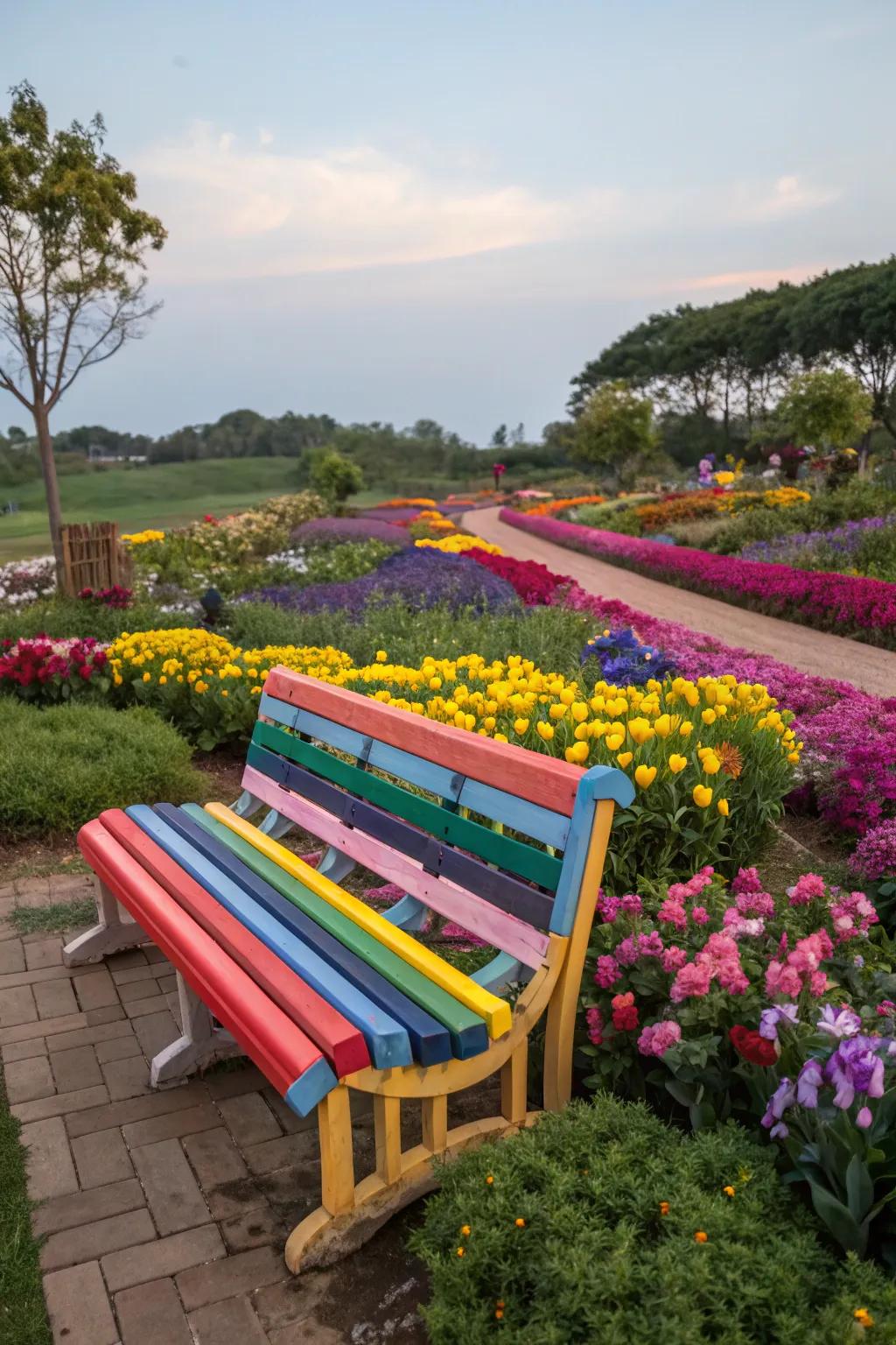 A colorful, eco-friendly bench made of recycled materials.