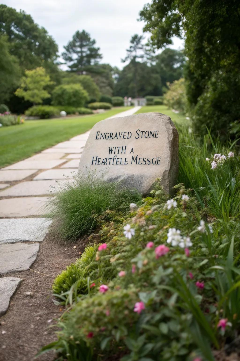 An engraved stone offers a personal tribute within the garden.