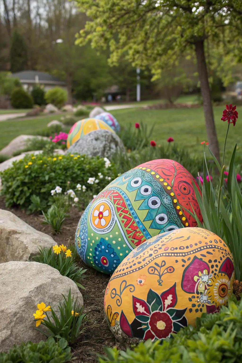 Brightly painted rocks bring a cheerful vibe to the garden.