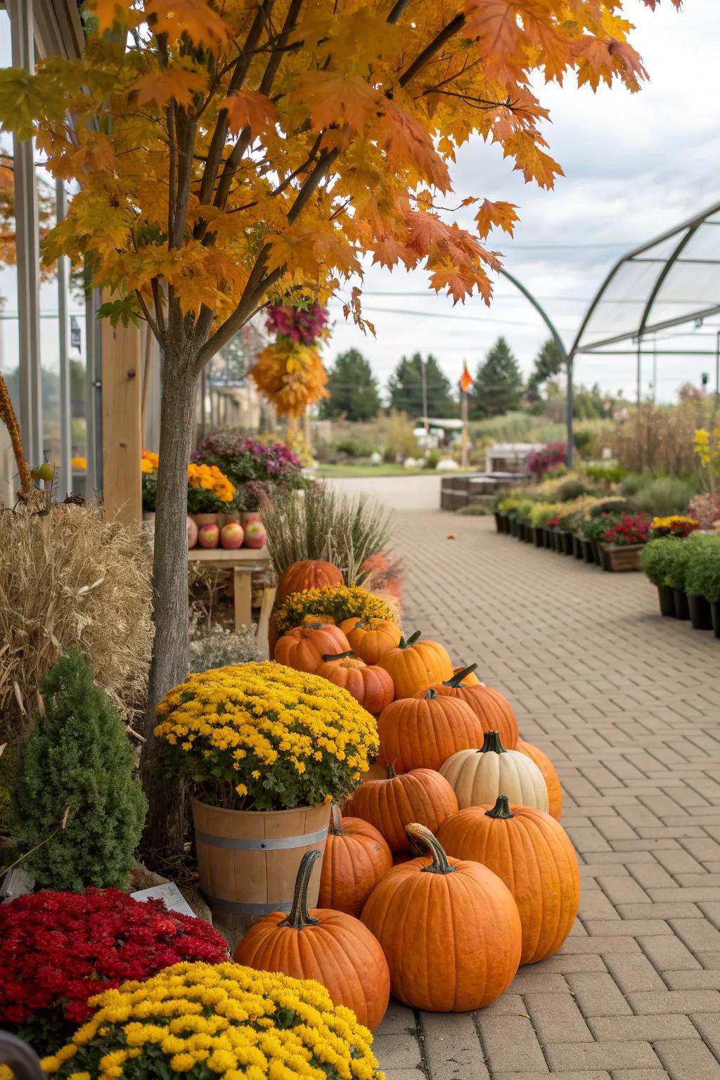 A seasonal garden display featuring autumnal elements.