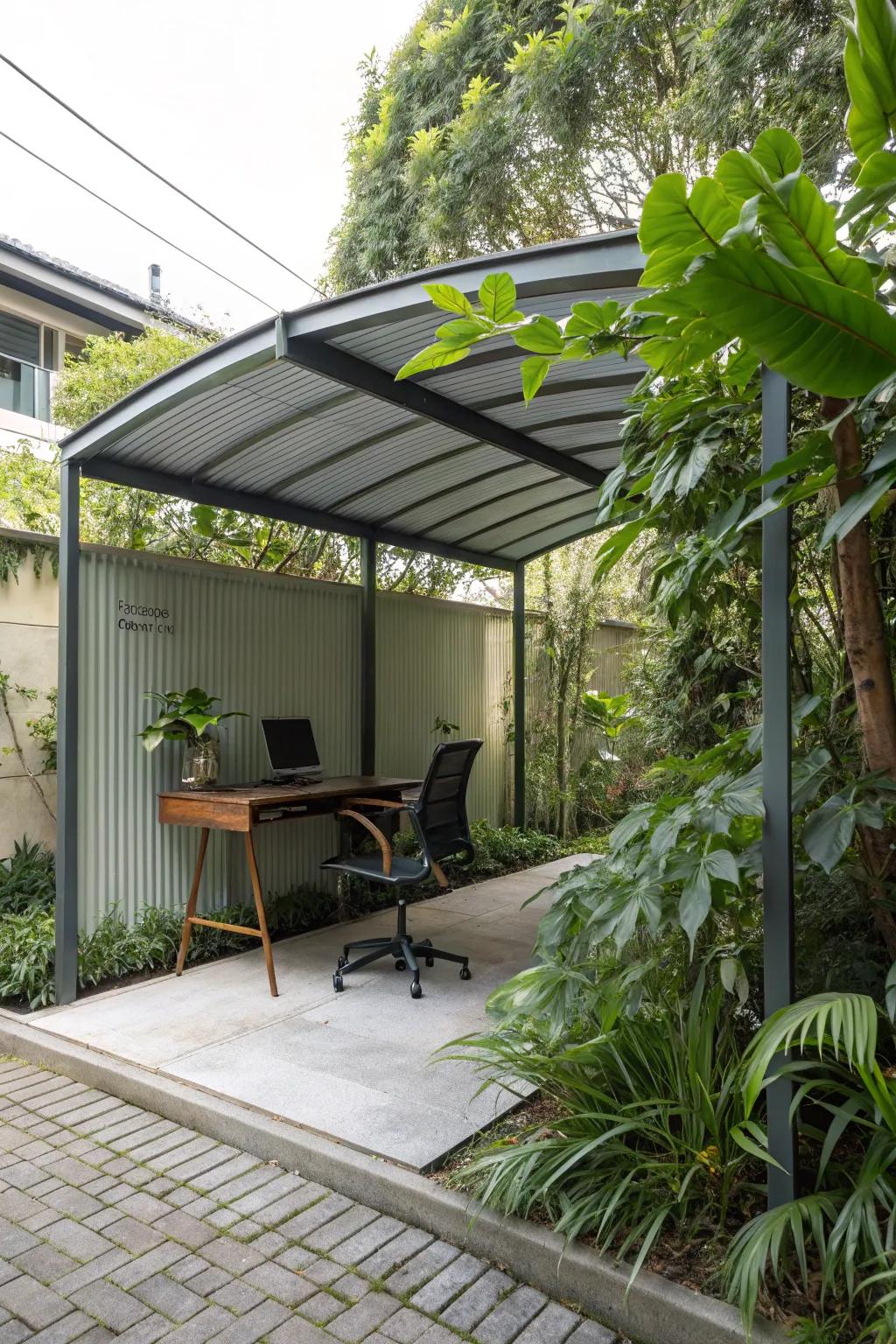 An inspiring outdoor workspace under the carport.