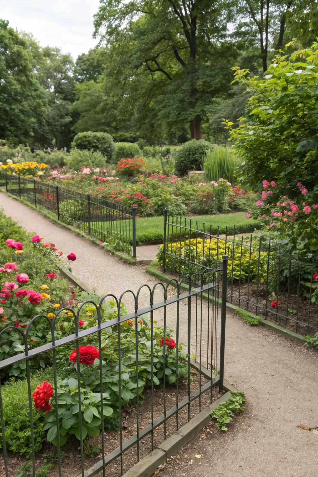 Metal border fences neatly define garden paths and beds.
