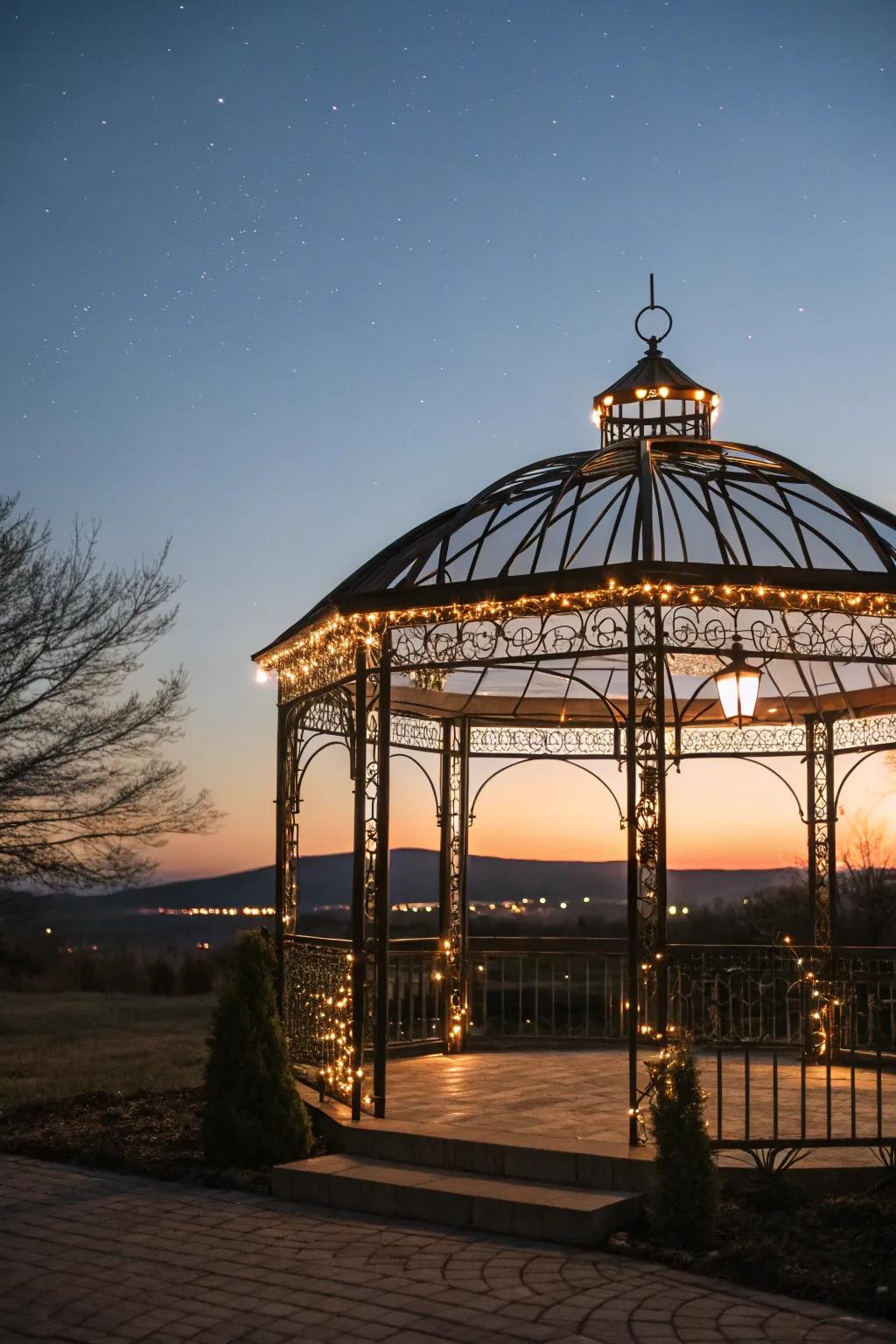 String lights transform your metal gazebo into a nighttime haven.