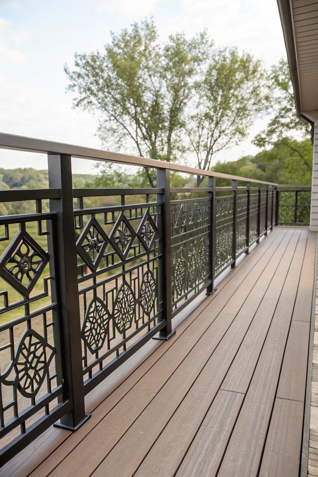 Custom patterns on metal railings for a personalized deck.