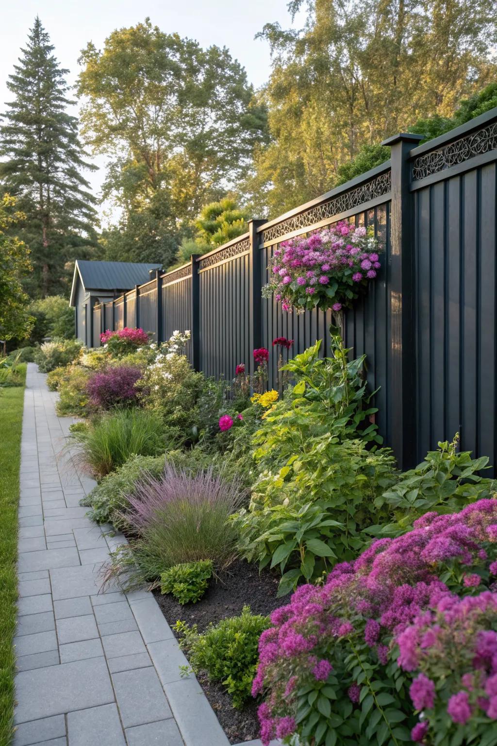 Dark metal panels creating a dramatic backdrop for greenery.