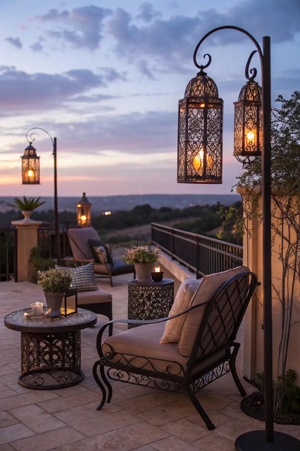 Metal lanterns illuminate this inviting patio space, perfect for evening relaxation.