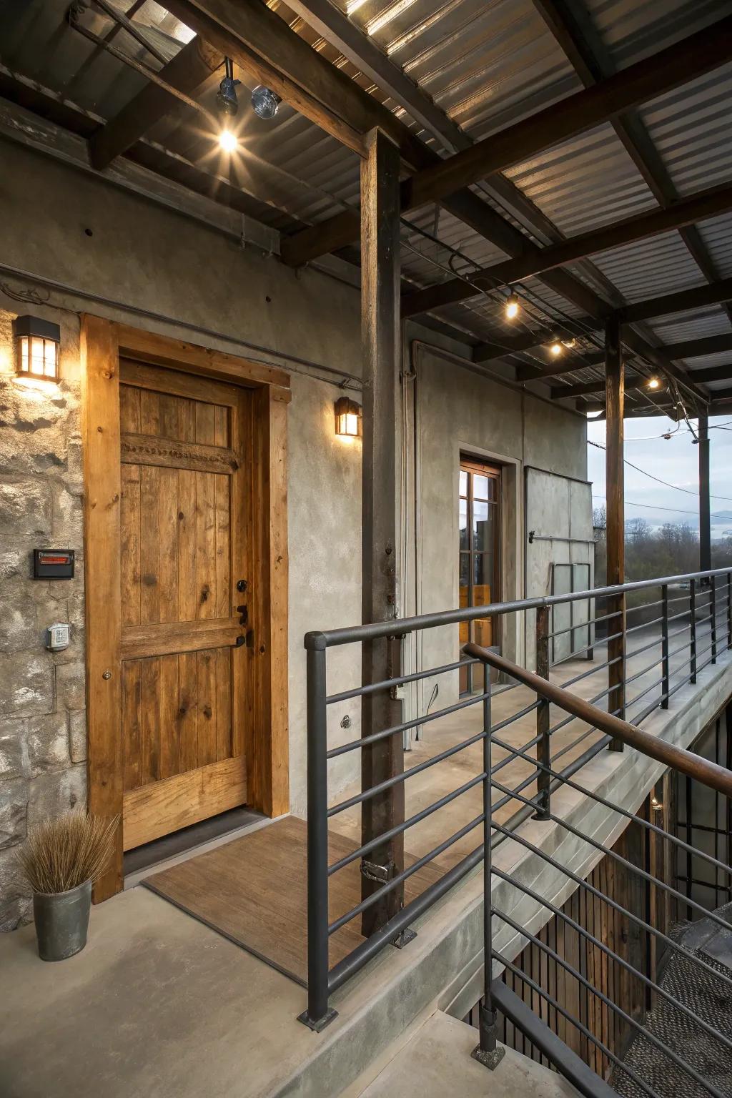 An industrial chic metal porch with raw finishes.