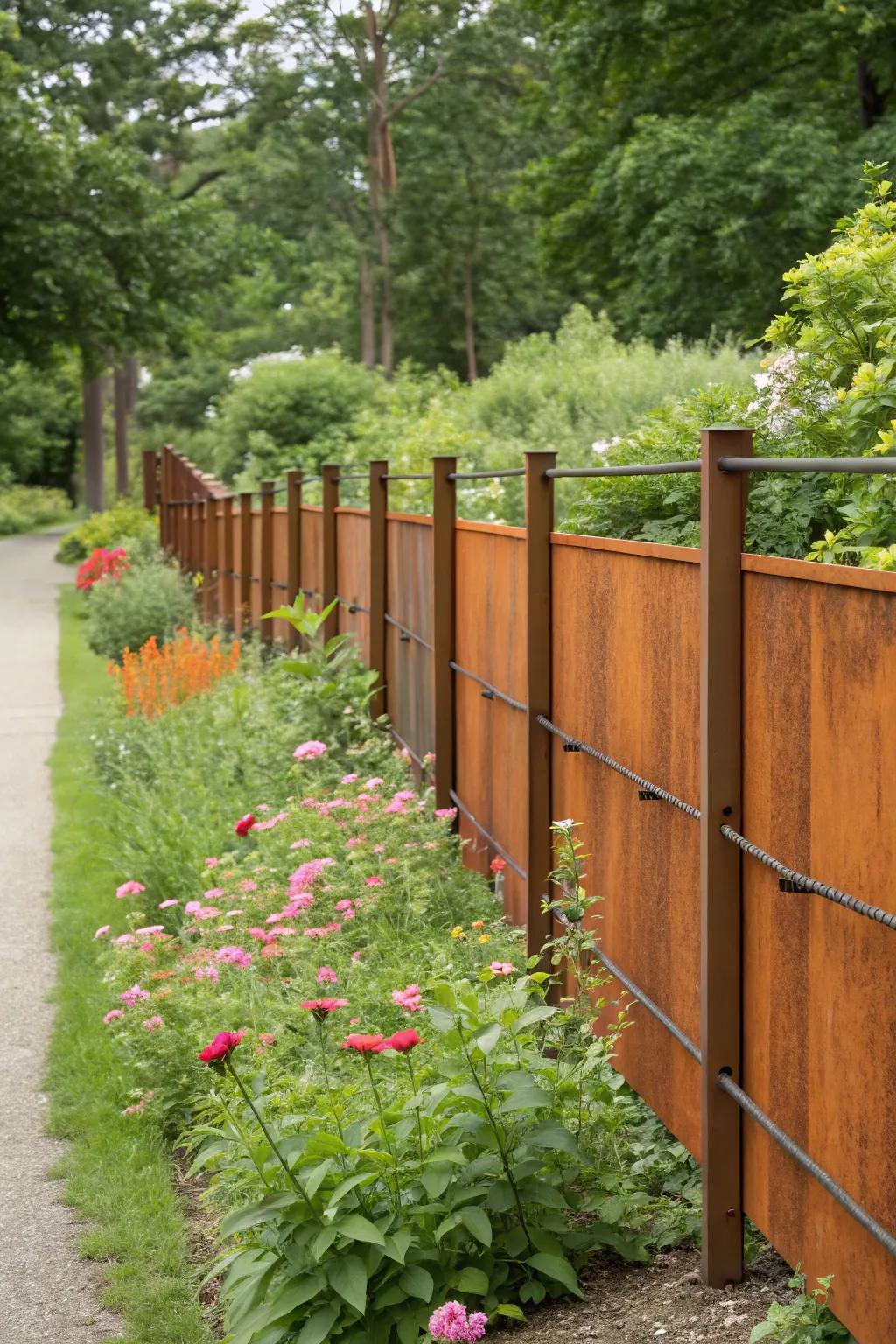 Rustic Corten steel fence with metal posts in a lush garden.