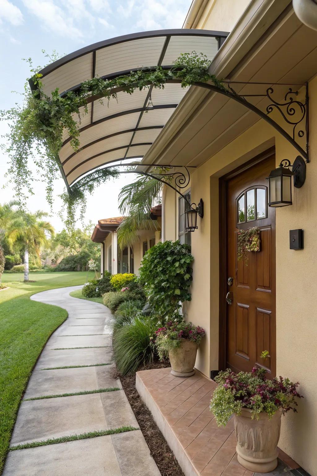 A curved metal awning offers a graceful welcome.
