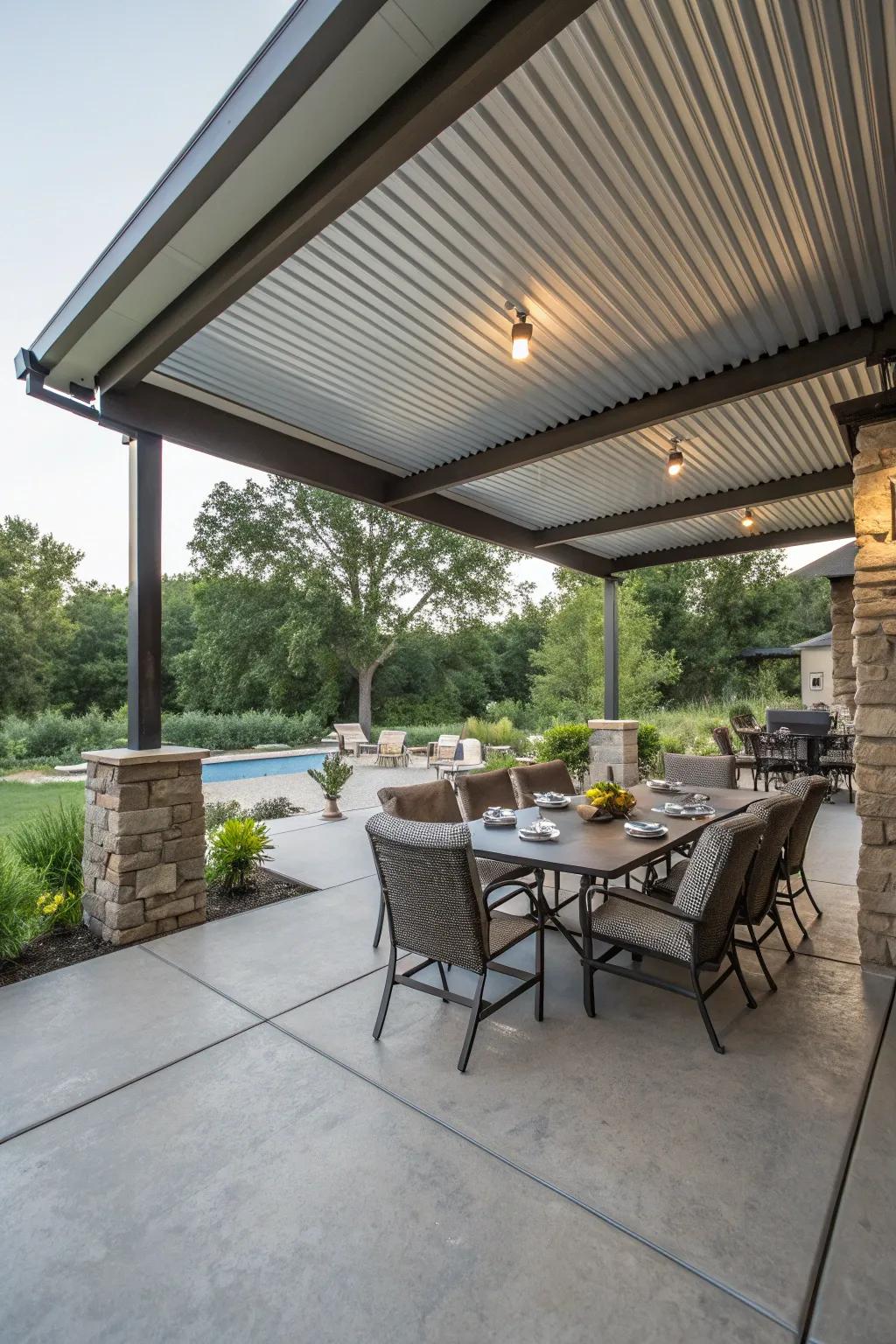 An entertainment-ready patio with ample seating under a metal roof.