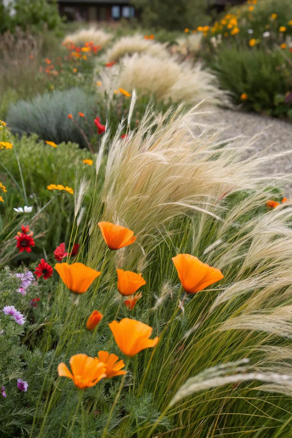 California poppies bring a pop of color to Mexican feather grass.