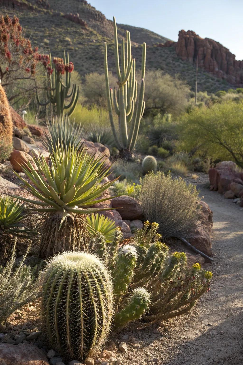 An array of cacti and succulents providing texture and structure to the garden.