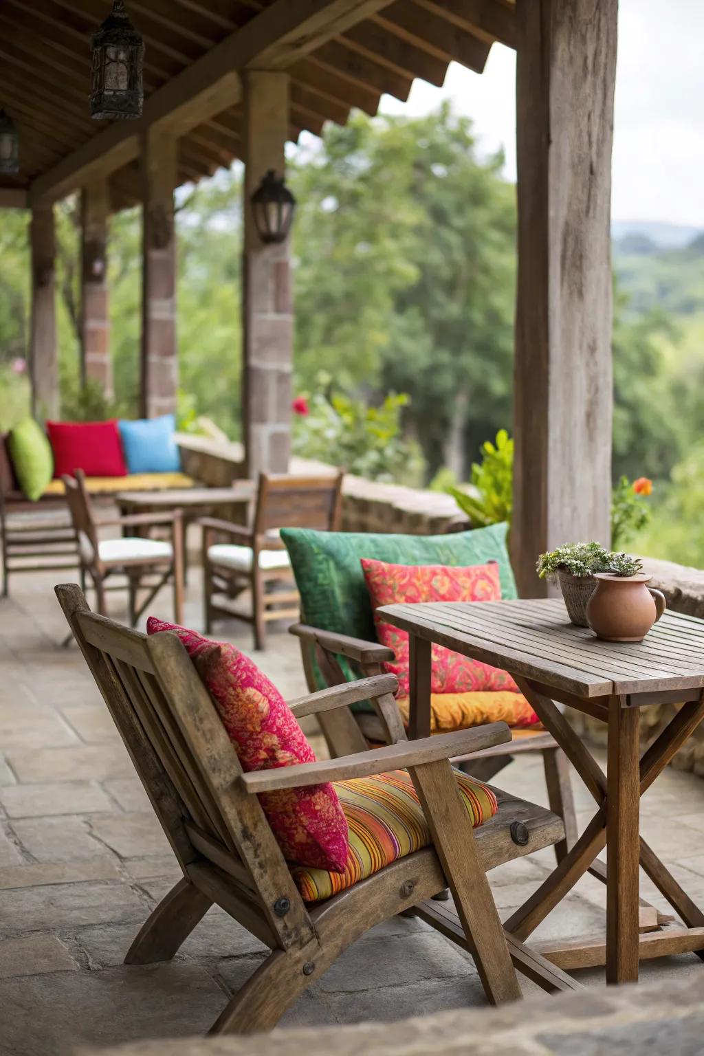 Rustic furniture paired with colorful cushions creates a cozy seating area.