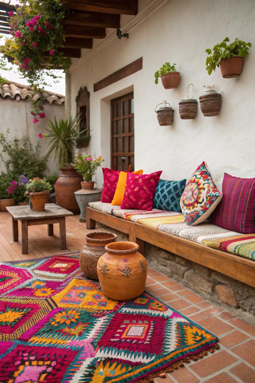 A Mexican patio with colorful cushions and a vibrant rug, adding comfort and color.