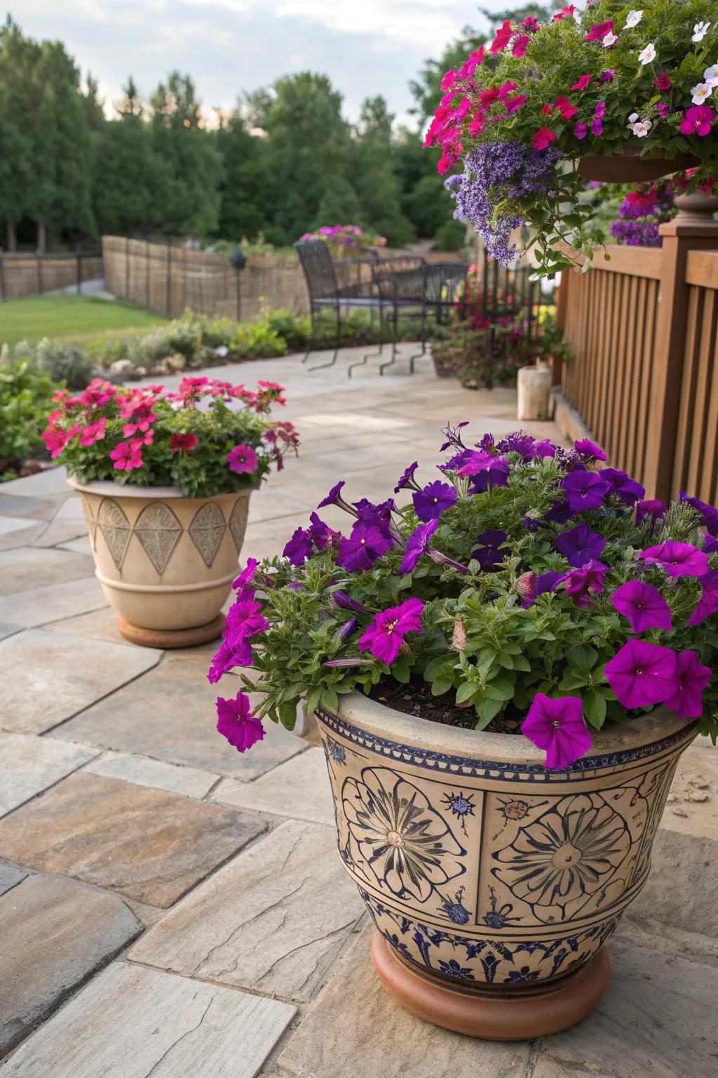 Potted Mexican petunias add vibrant color to a patio.