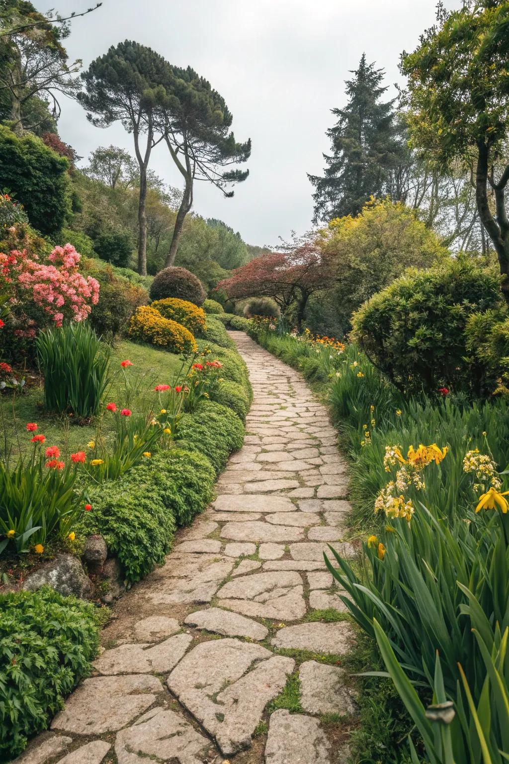 Rustic stone pathways invite exploration and add natural charm.