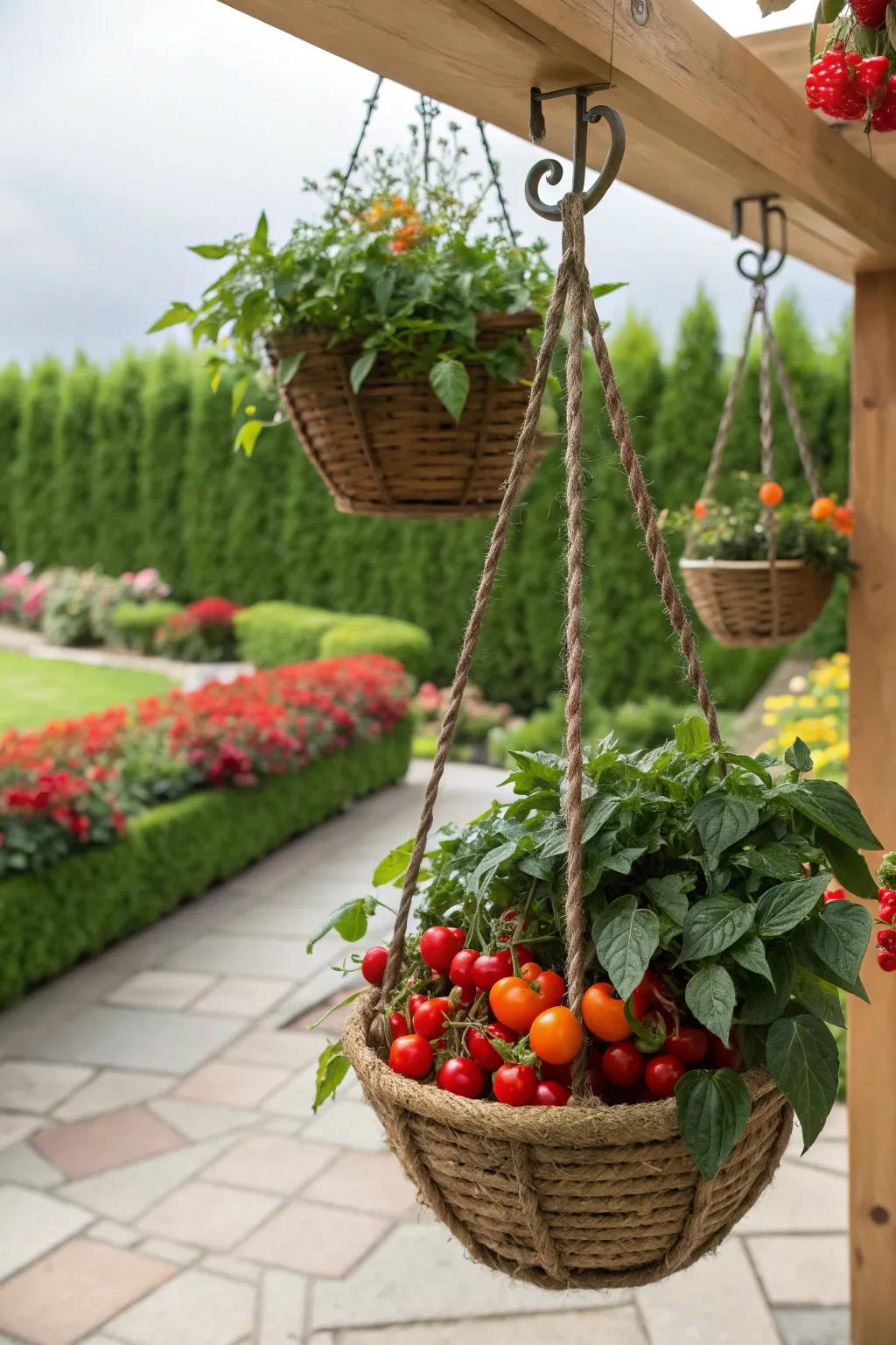 Hanging baskets overflowing with homegrown cherry tomatoes and peppers.