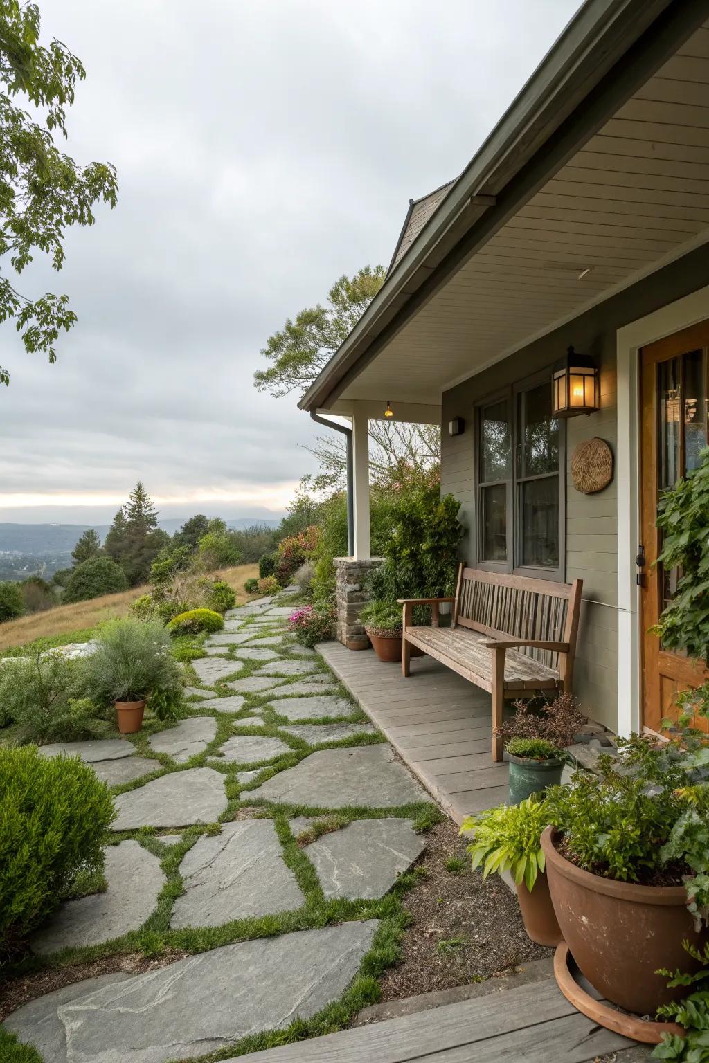 Integrated landscapes create harmony on a mid-century porch.