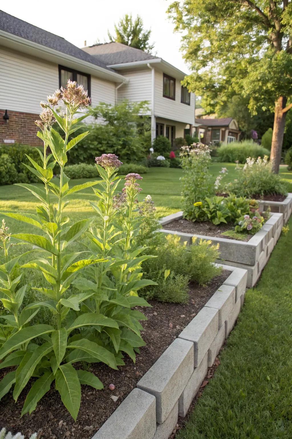 Front yard charm with structured milkweed plantings.