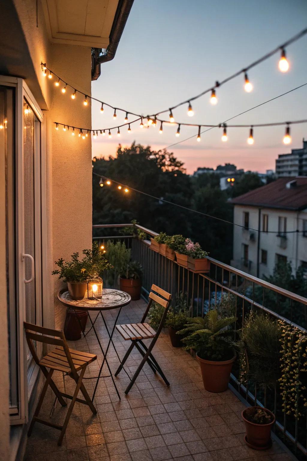 Create a magical evening glow with string lights on your balcony.