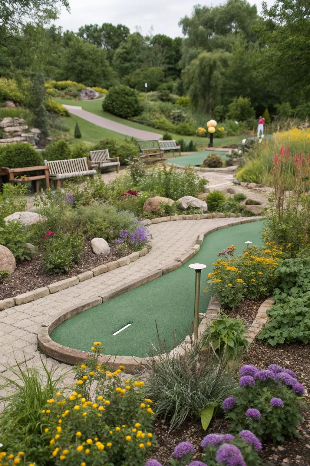 A mini golf course beautifully integrated into a lush garden, enhancing the natural setting.