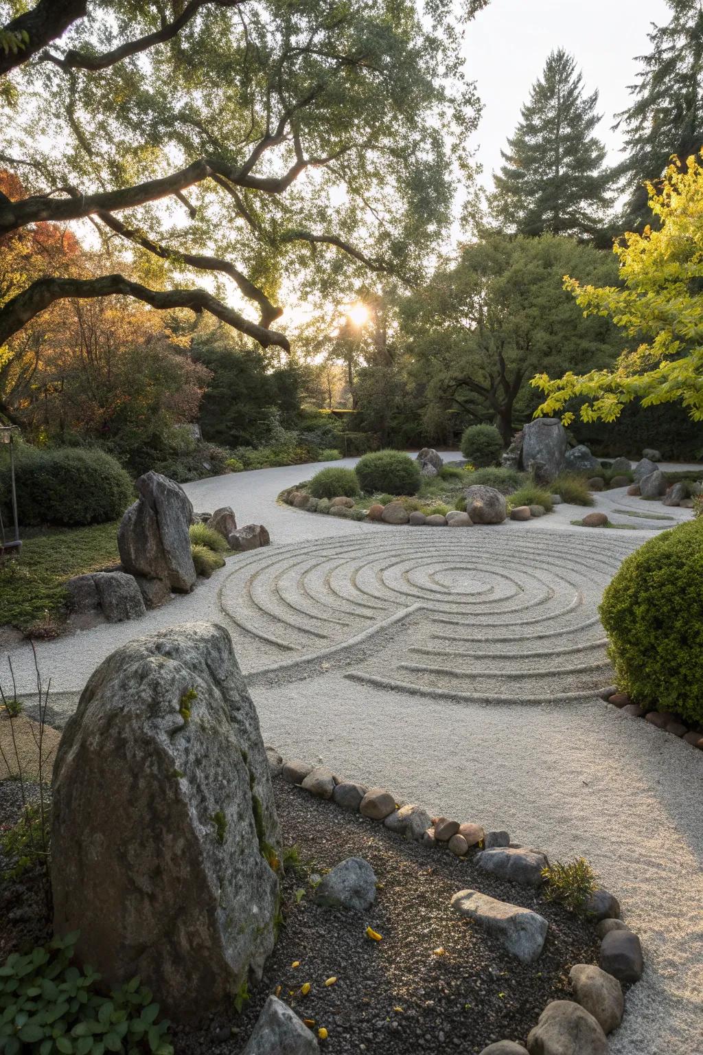 A Zen garden labyrinth offers a peaceful escape in your own backyard.